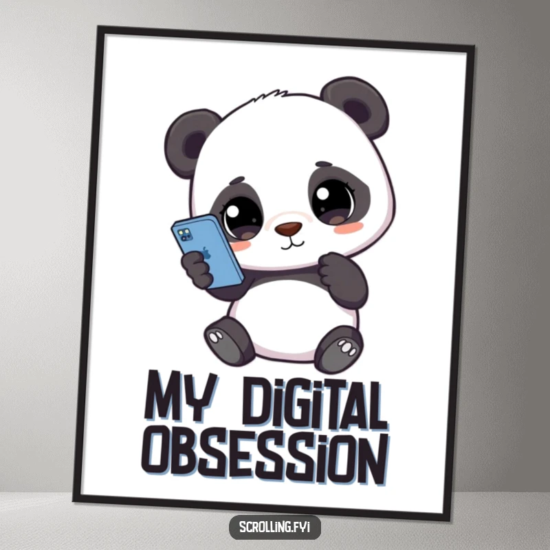 Funny digital art print of a cute panda holding a smartphone, eyes glued to the screen, perfect for instant tech-themed wall decor.