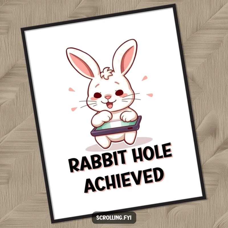Funny digital art print of a determined rabbit character swiping excitedly on a tablet, a vibrant funny gift.