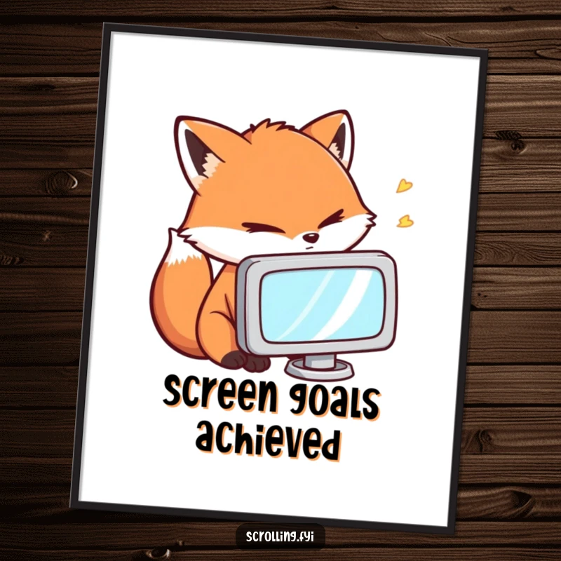 Funny Digital Art Print: A fox comically staring intently at a small screen, offering intense and humorous wall decor.