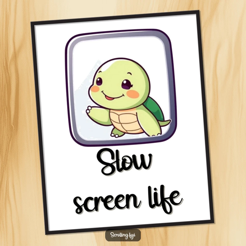 Funny Turtle Swiping Display Digital Art Print: High-resolution art of a smiling turtle slowly swiping a digital display, perfect for calm, humorous decor.