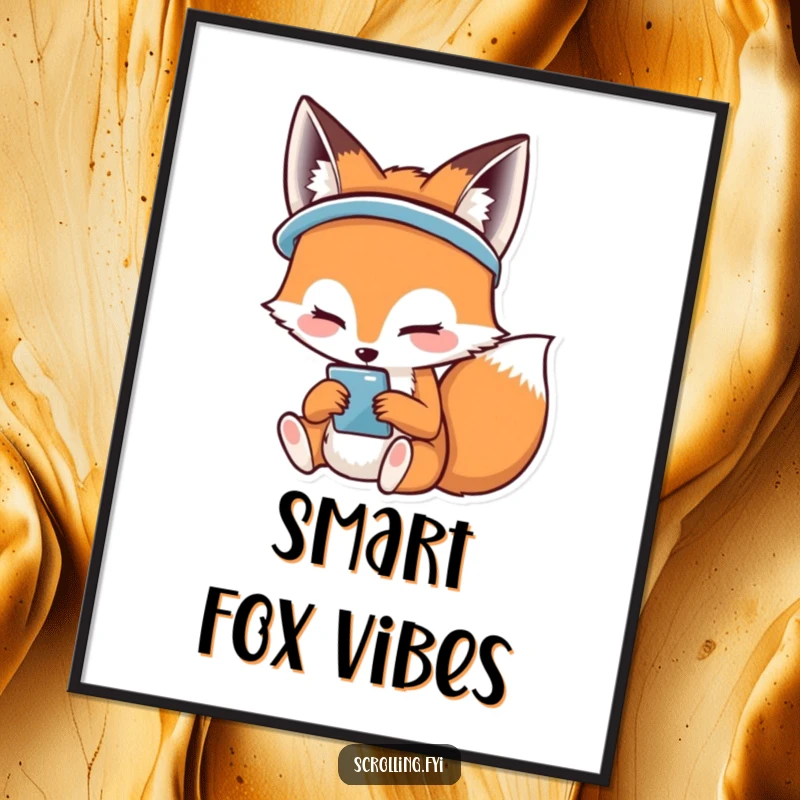 Funny digital art of a smiling fox happily using its phone, illustrating connection and joy.