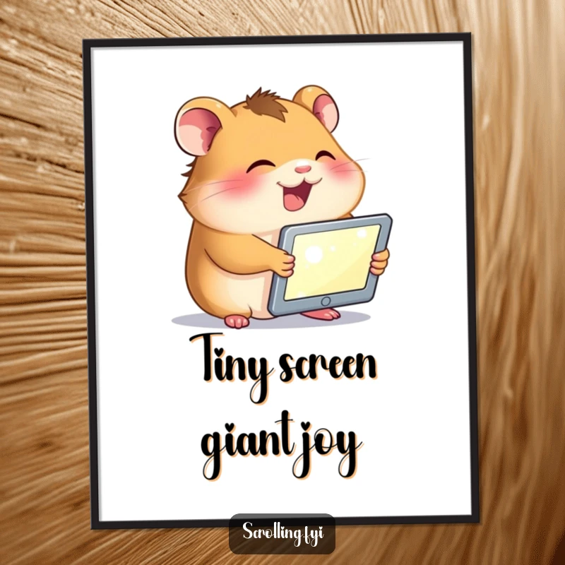 Funny digital art of a giggling hamster holding a tablet, its face illuminated by the screen, perfect for printable tech decor.