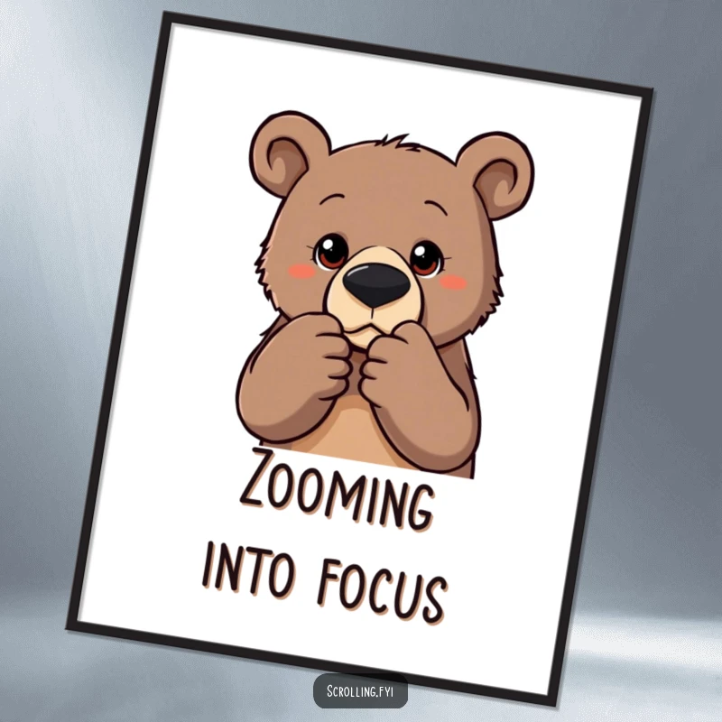 Funny digital art print of a determined bear zooming into a photo, offering humorous and focused wall decor for any space.