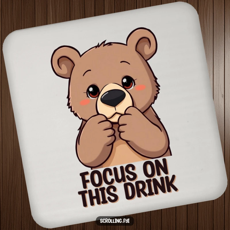 Funny coaster featuring a determined bear zooming into a photo, offering surface protection with focused humor and personality.