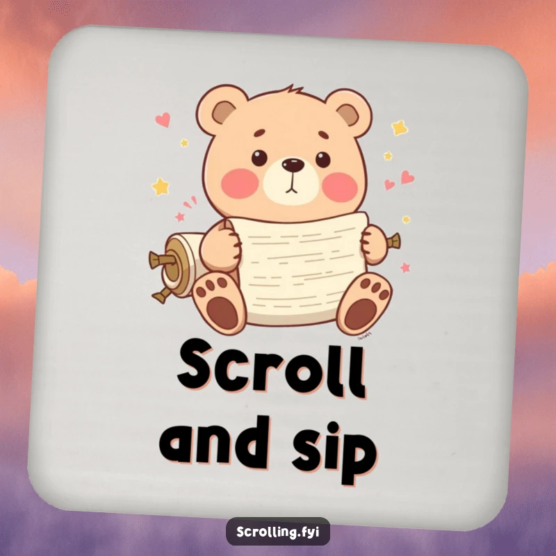 Funny Bear Coaster: A playful bear scrolls through endless content, offering humorous protection for your surfaces.