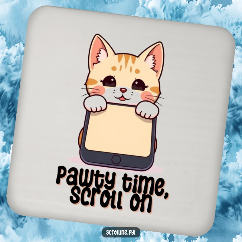 Funny cat smartphone coaster featuring a cat peeking over a large screen, protecting surfaces with art.