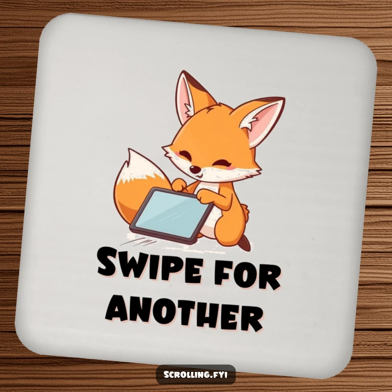 Funny Fox Coaster: A humorous coaster depicting a playful fox rapidly swiping across a digital tablet screen.