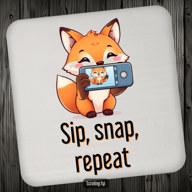 Funny Fox Coaster showing a smiling fox holding a phone to capture a moment, a decorative and humorous table accessory.