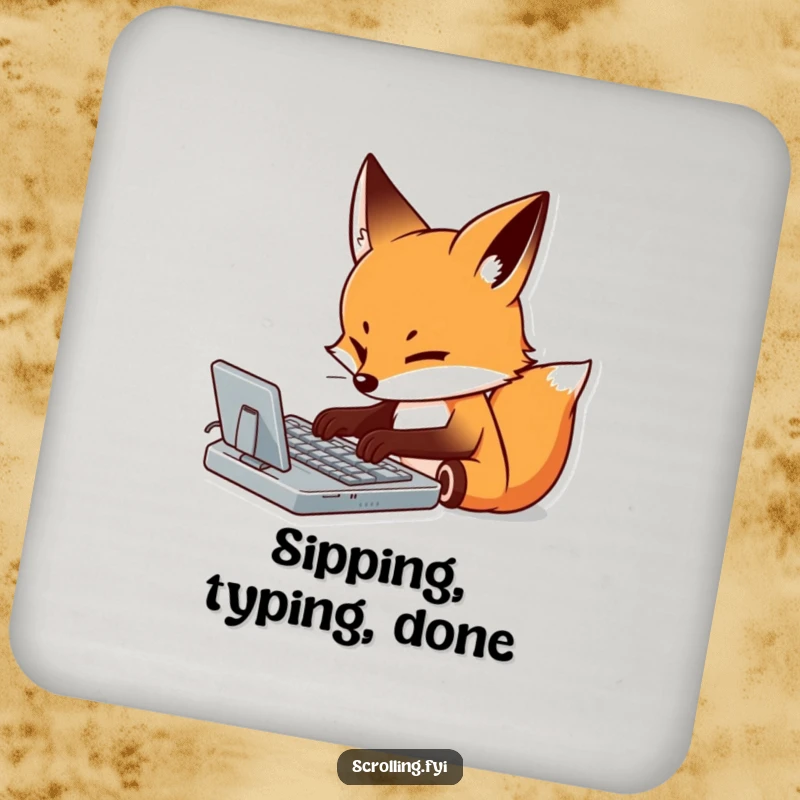 Funny drink coaster with a determined fox meticulously typing on a virtual keyboard with focus, adding work humor to decor.