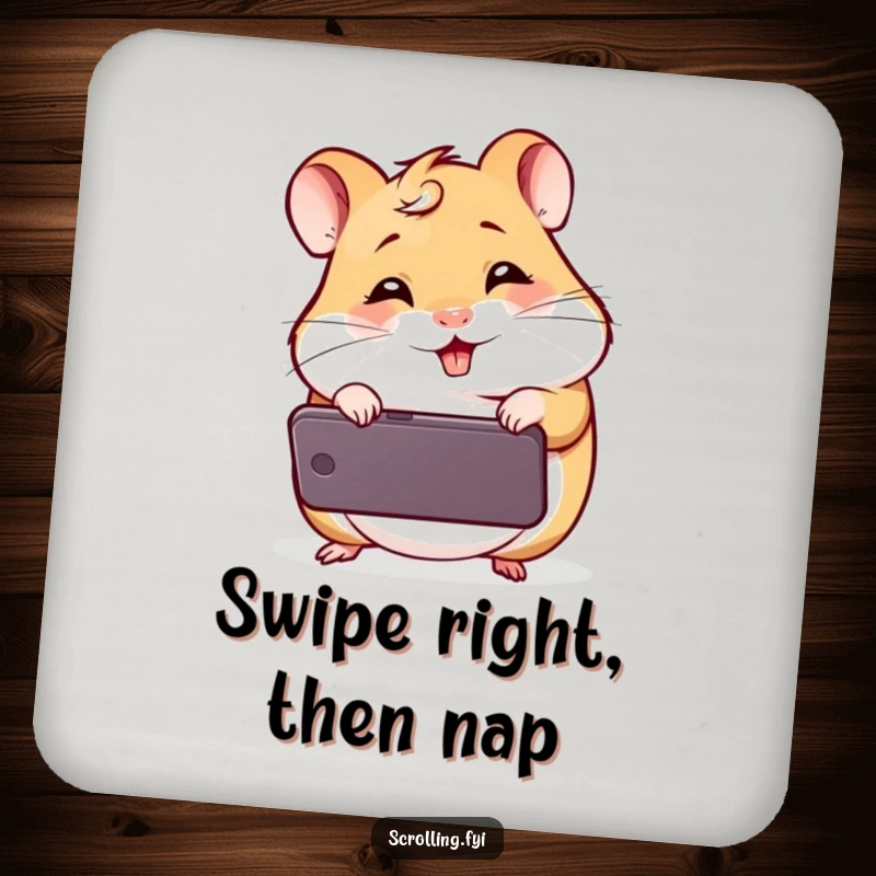 Funny Giggling Hamster Coaster: A protective coaster featuring a comical hamster engrossed in a mobile phone, adding humor to your tabletop.