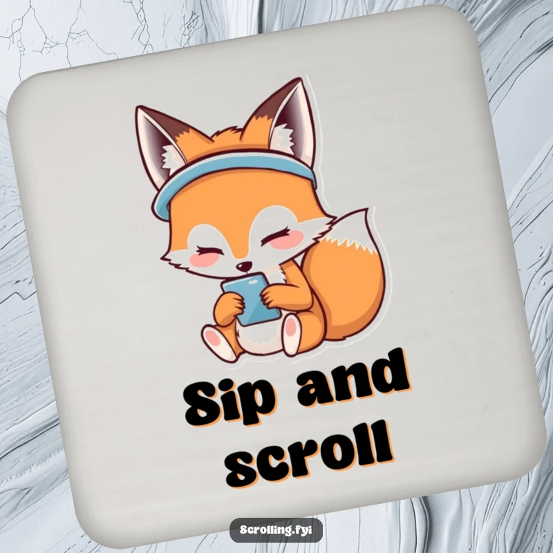Funny drink coaster featuring a happy fox smiling while using its phone, a cheerful accessory.