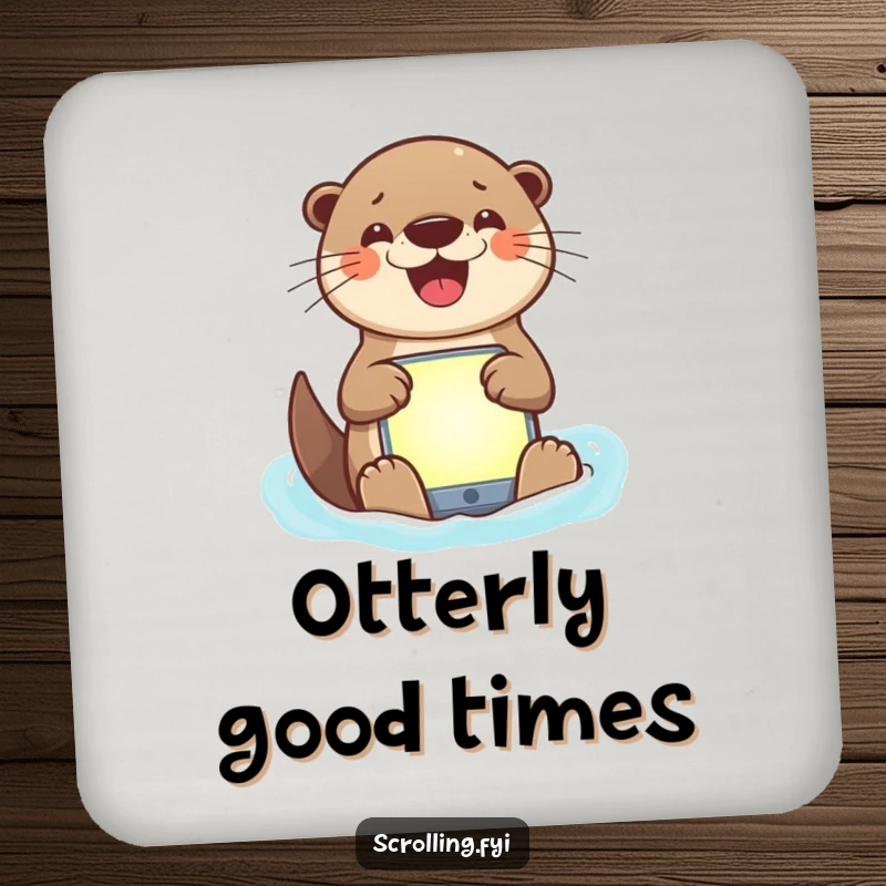 Funny coasters with a grinning otter using a smartphone, showcasing a humorous and protective surface accessory.