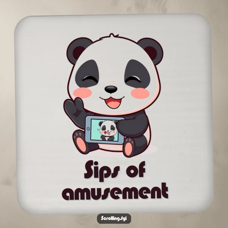 Funny drink coaster with a giggling panda showing a funny image on its mobile device, protecting surfaces with a smile.