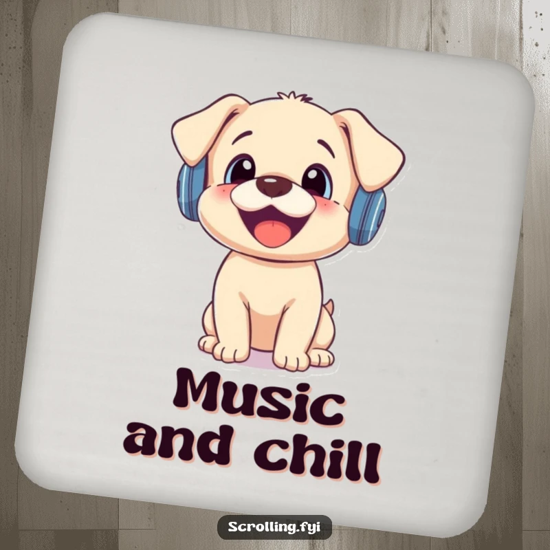 Funny drink coaster featuring a happy puppy in tiny headphones, looking surprised at a mobile phone notification.