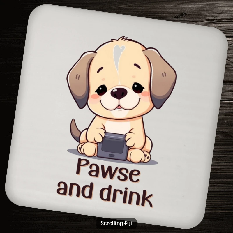 Funny Puppy Coaster: A content puppy gazing at a small screen, humorously protecting surfaces, a charming and practical home accessory.