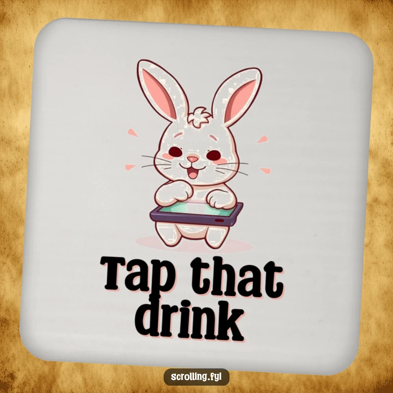 Funny drink coaster set featuring a determined rabbit character swiping on a tablet, a protective funny gift.