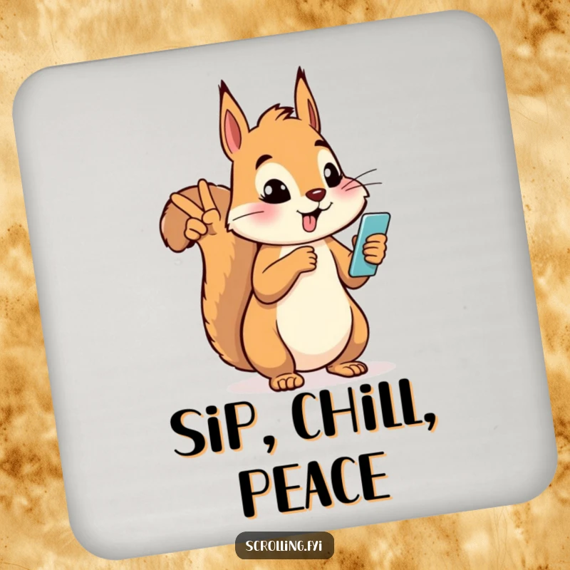 Funny silly squirrel giving a peace sign while looking at a phone on drink coasters, a humorous and practical set.