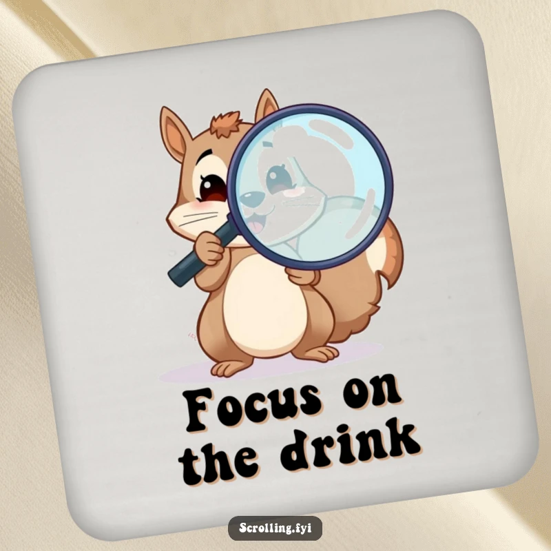 Funny drink coaster set featuring a cheerful squirrel holding a magnifying glass over a screen, a protective funny gift.