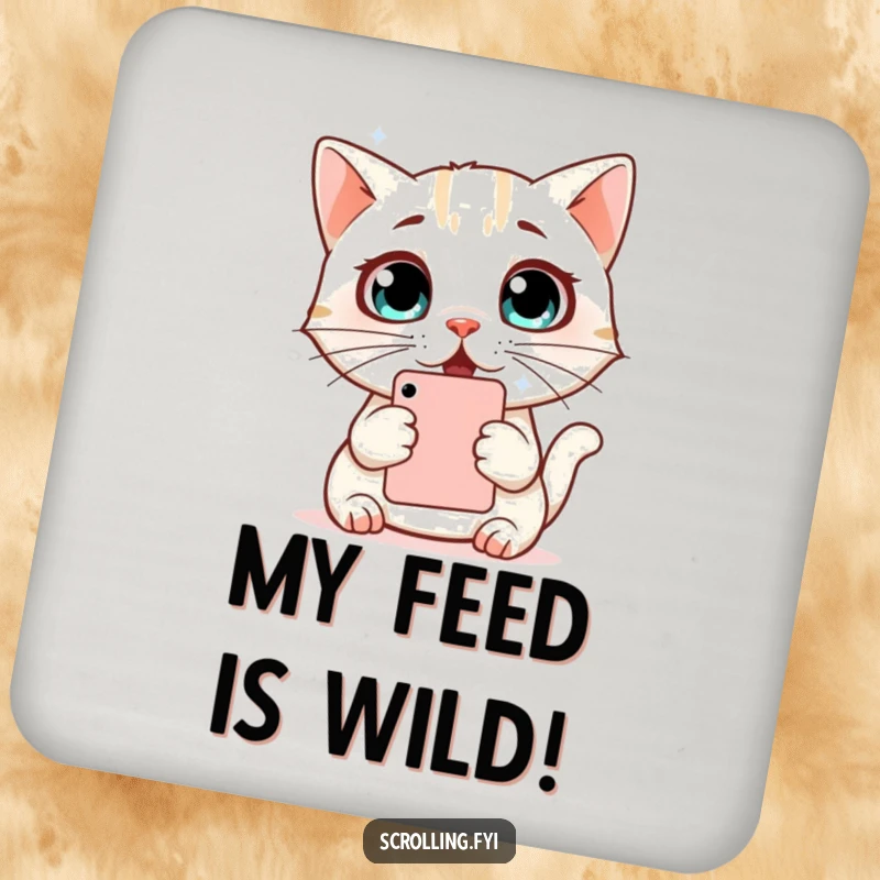 Funny Cat Coaster: A surprised cat with wide eyes looking at a phone, protecting surfaces with humor, perfect small gift.