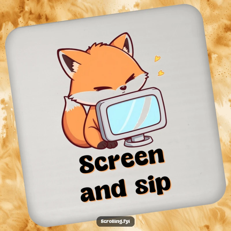 Funny Coaster: A fox staring intently at a small screen, adding a touch of intense humor and focus to protect surfaces.
