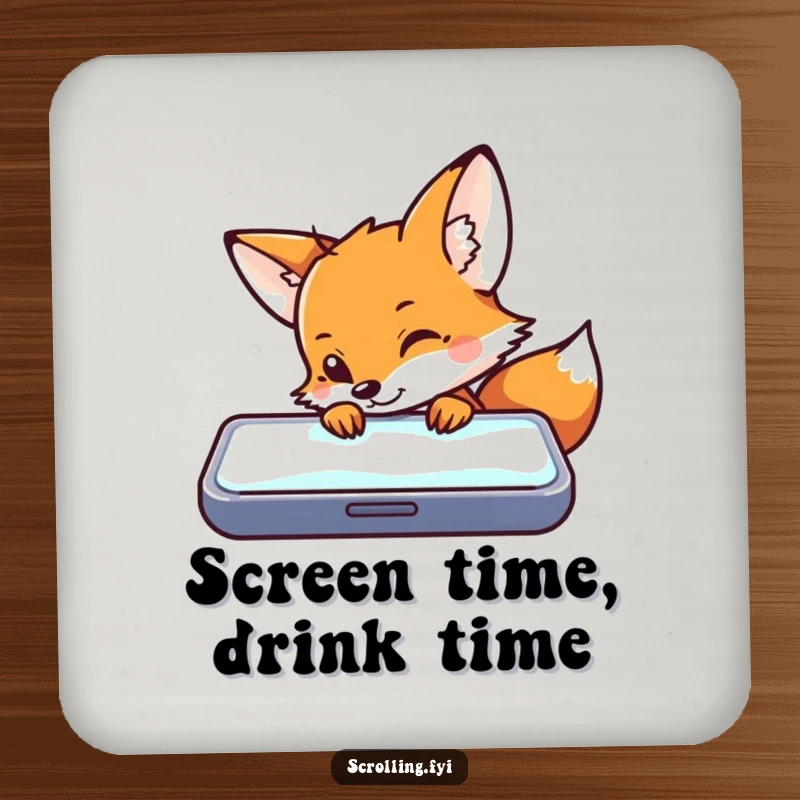 Funny drink coaster with a curious fox peeking over a glowing mobile device, protecting furniture with humor.