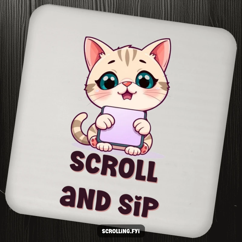 Funny drink coasters showcasing a giggling cat engrossed in a giant scrolling phone, adding tech humor.