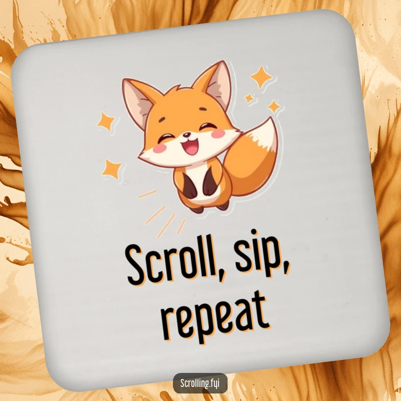 Funny coaster featuring a cheerful fox absorbed in scrolling phone images, protecting surfaces with digital-themed humor.