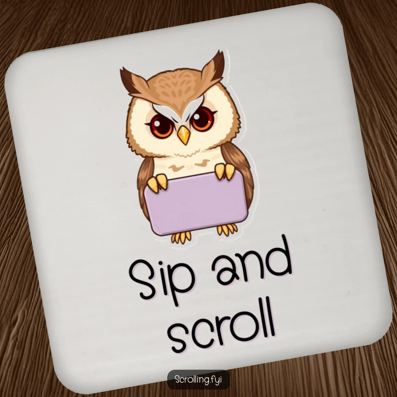 Funny proud owl peering intently into a handheld device on drink coasters, a humorous and practical set.