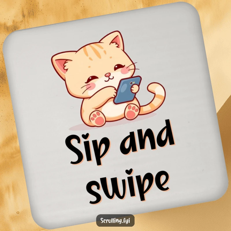 Funny drink coaster showcasing a cute cat holding a smartphone and swiping down the screen, protecting surfaces with tech humor.