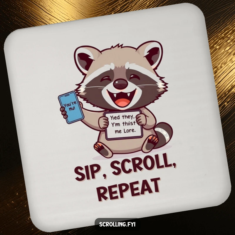 Funny coaster: A delighted raccoon rests, device in paw, sharing a funny meme to protect your surfaces with a smile.