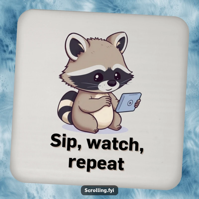 Funny coasters with a curious raccoon engrossed in a small device, highlighting a humorous and protective accessory.