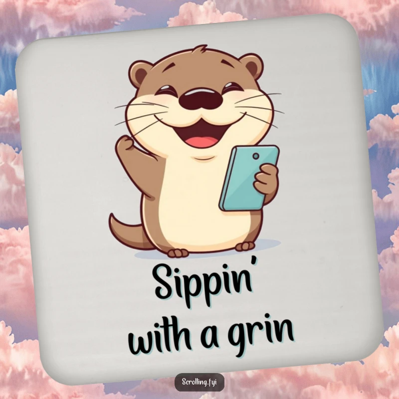 Funny otter phone coaster featuring a cheerful otter holding a phone and grinning, protecting surfaces with art.