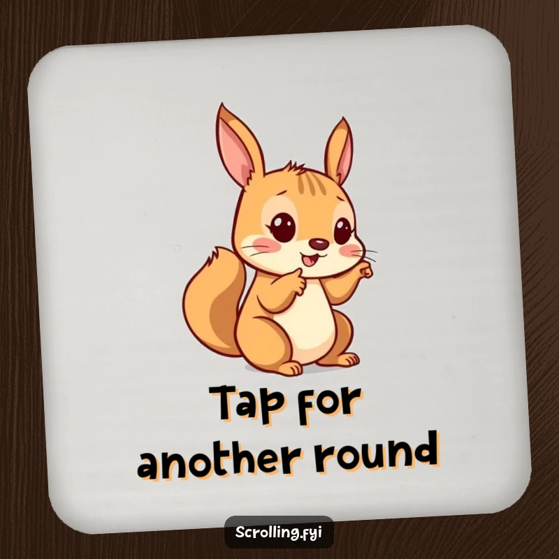 Funny coaster featuring a playful squirrel tapping a screen, offering surface protection with tech-themed humor and personality.