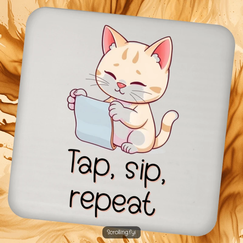 Funny cat drink coaster, paw outstretched, scrolling motion, for a tech-savvy feline fan.