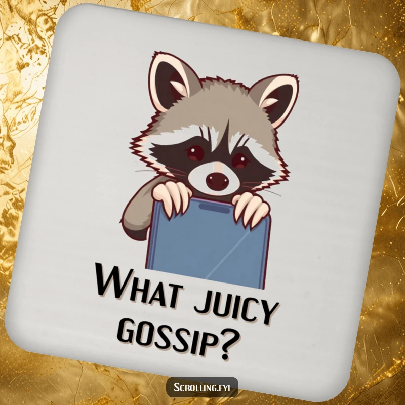 Funny Raccoon Coaster: A mischievous raccoon peeking over a shoulder at a phone, protecting surfaces with humor, great gift.