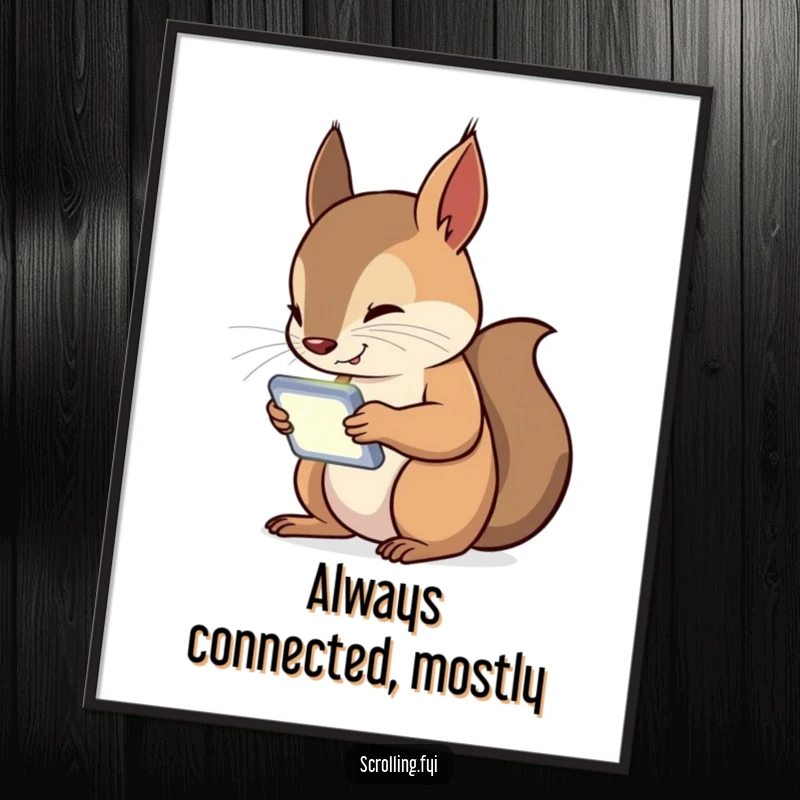 Funny Squirrel Poster showing a curious squirrel captivated by its bright handheld device, a humorous commentary on smartphone obsession.