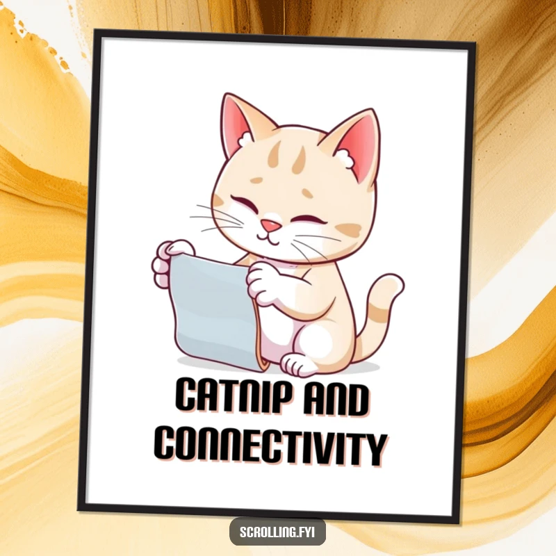 Funny cat scrolling poster, paw extended, showing intense focus on a digital screen.
