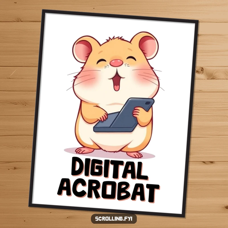 Funny poster art of a silly hamster balancing a phone on its nose, scrolling intensely, capturing digital life.