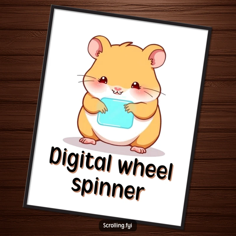 Funny hamster tech poster, happy expression, tapping a glowing screen, symbolizing gadget enjoyment.