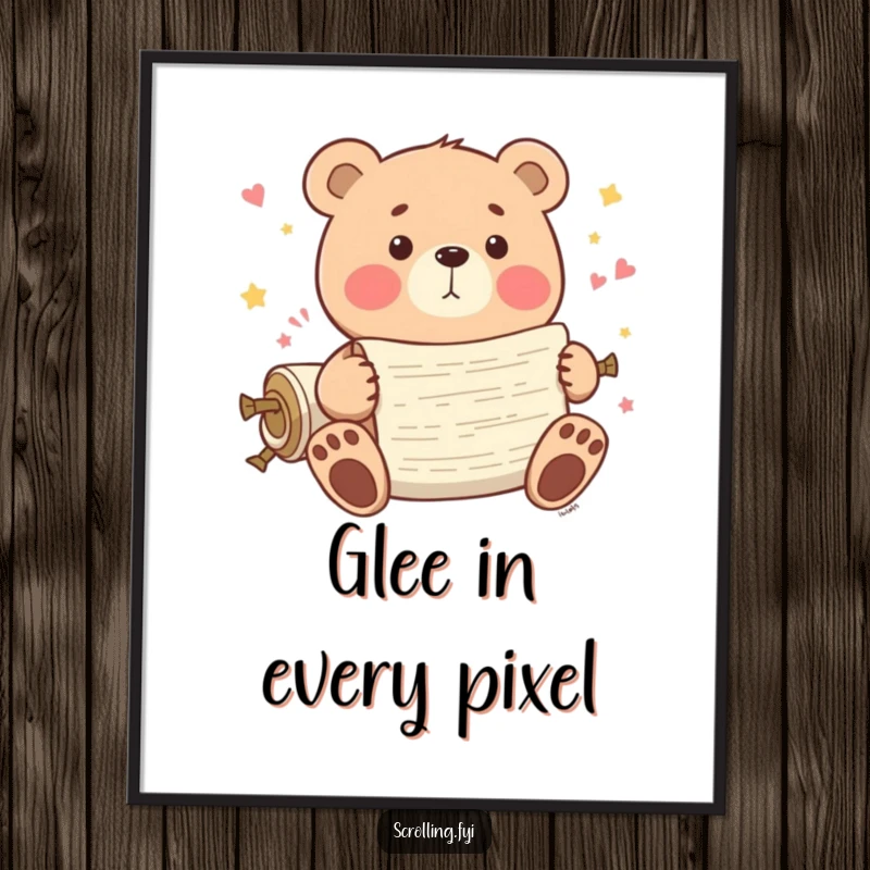 Funny Bear Poster: A playful bear sits happily, scrolling through endless content with sheer digital glee.