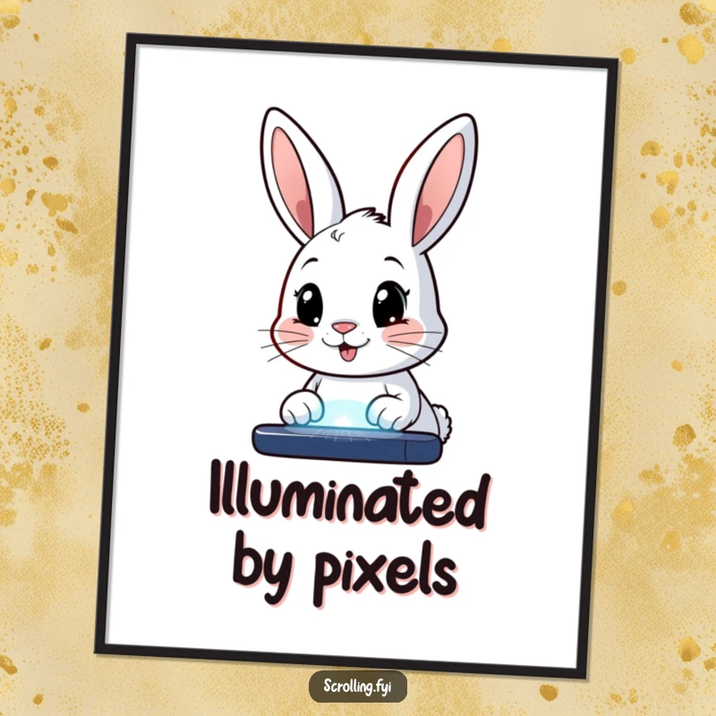 Funny poster featuring a happy bunny character with wide eyes, staring intently at a glowing screen, adding digital humor to wall art.