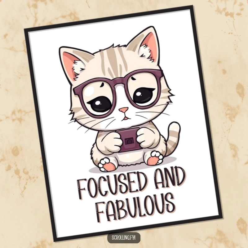 Funny poster of a playful cat with glasses engrossed in a tiny tech device, a witty funny gift.