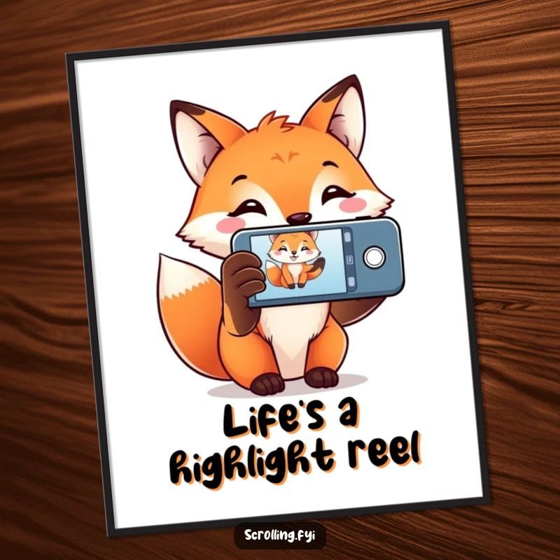Funny Fox Poster showing a smiling fox holding a smartphone to capture a scene, perfect wall art for photographers.