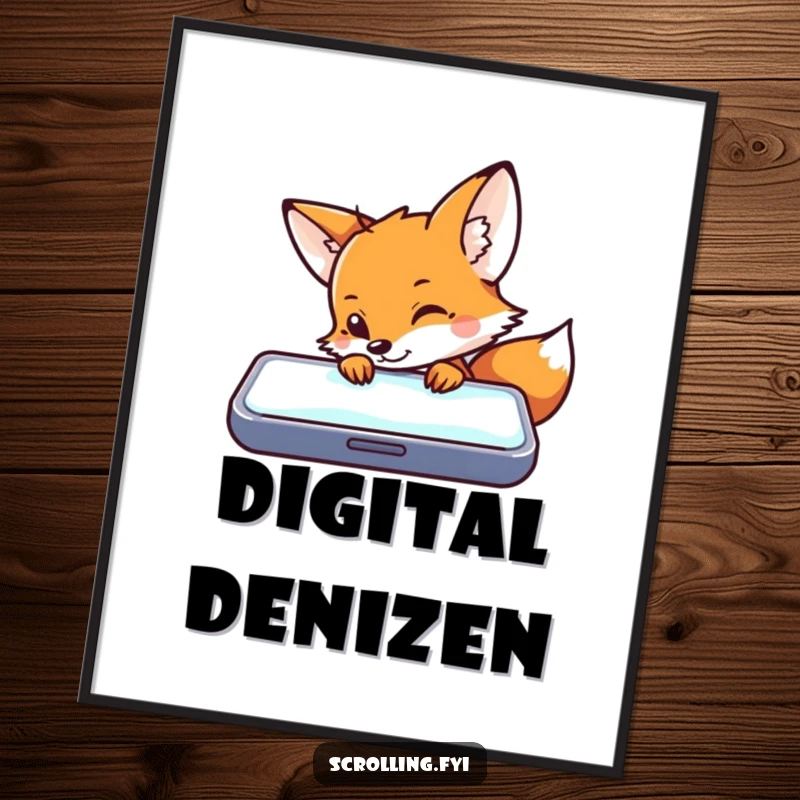 Funny poster artwork of a curious fox peeking over a bright, glowing mobile phone, highlighting digital fascination.