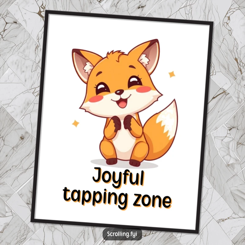 Funny Fox Poster: A cheerful fox taps furiously on a screen with sheer joy, perfect for a dynamic workspace.