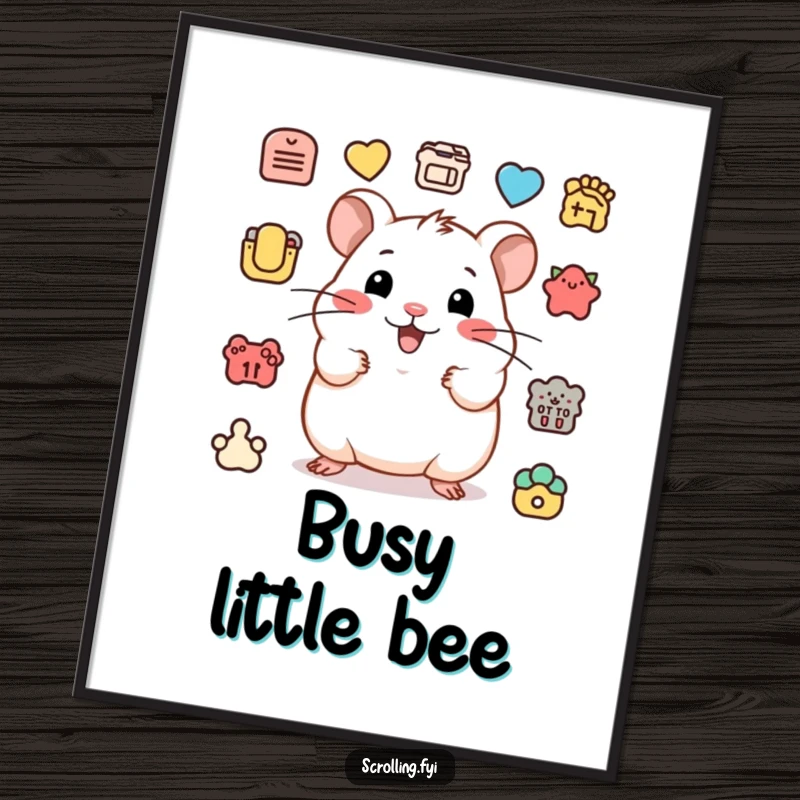 Funny poster of a happy hamster clicking numerous icons rapidly, portraying a humorous and action-oriented character.