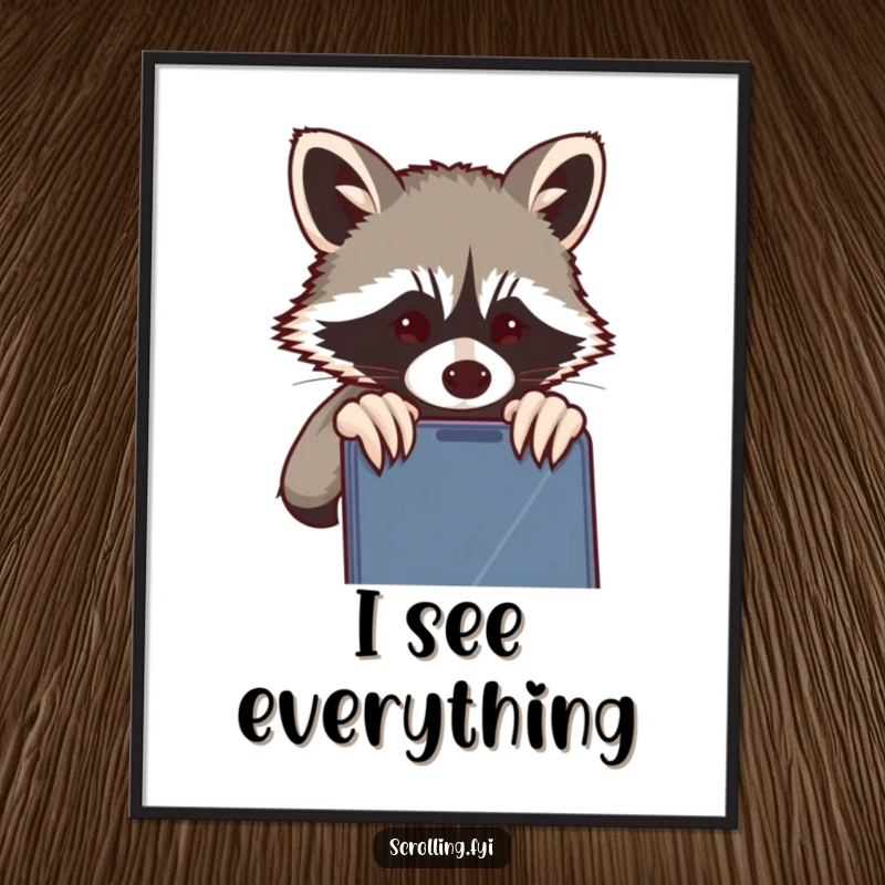 Funny Raccoon Poster: A mischievous raccoon peeking over a shoulder at a phone screen, adding quirky humor to decor, gift.