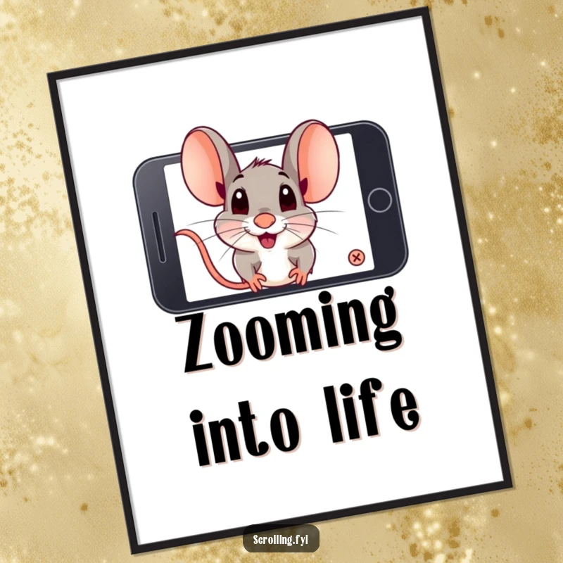 Funny playful mouse zooming in closely on a smartphone screen, full of concentration. Great funny poster.