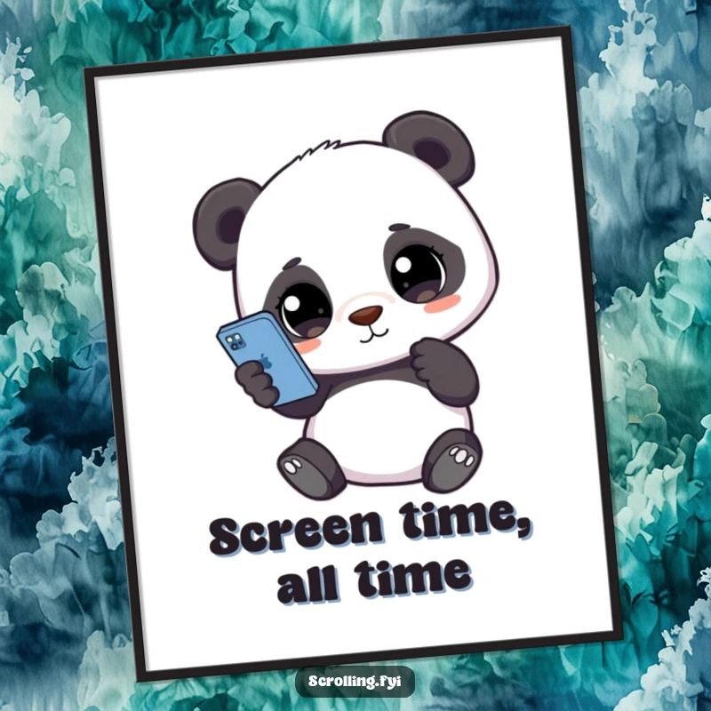 Funny poster of a cute panda holding a smartphone, eyes glued to the screen, celebrating digital life with adorable humor.