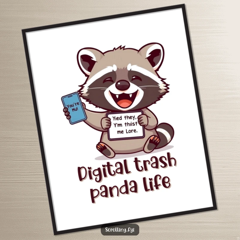 Funny poster: A delighted raccoon is captured mid-laugh while sharing a funny meme from its electronic device, perfect wall decor.
